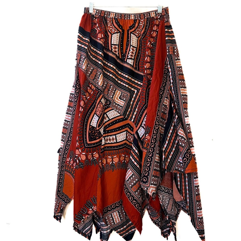 RAAN PAH MUANG African Print Full Skirt Midi Dashiki Tribal Orange Bandana XL